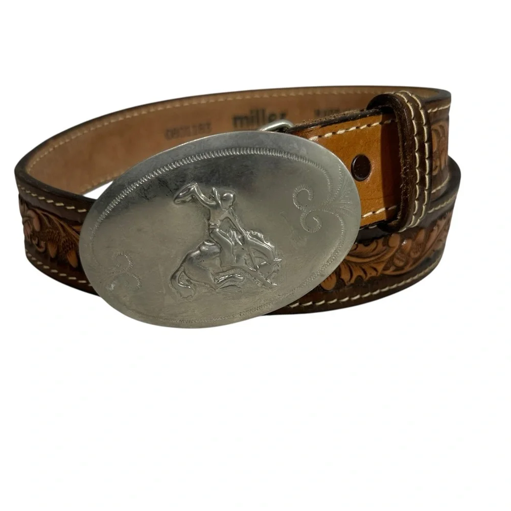 MILLER Western Wear Denver Colorado Tooled Leather Belt Silver Buckle Girl/Horse